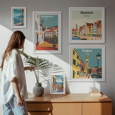 Zestaw obrazów w ramie do galerii ściennej z widokami europejskiej architektury