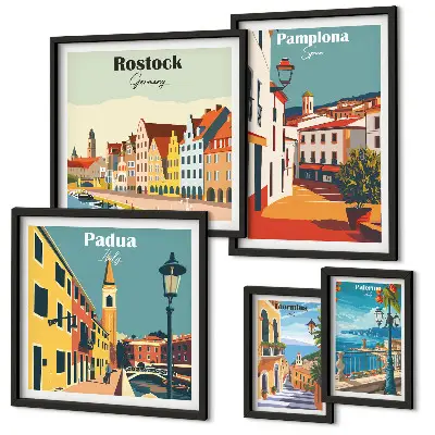 Zestaw obrazów w ramie do galerii ściennej z widokami europejskiej architektury