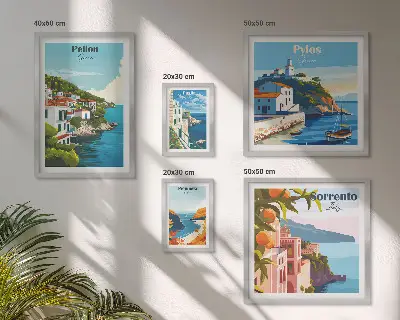 Zestaw obrazów w ramie do galerii ściennej z motywem krajobrazów greckich wysp