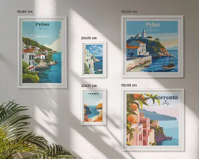 Zestaw obrazów w ramie do galerii ściennej z motywem krajobrazów greckich wysp