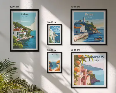 Zestaw obrazów w ramie do galerii ściennej z motywem krajobrazów greckich wysp
