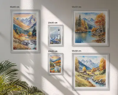 Obraz z motywem górskich rzek i latarni morskiej zestaw 5 obrazów w ramie