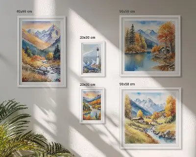 Obraz z motywem górskich rzek i latarni morskiej zestaw 5 obrazów w ramie