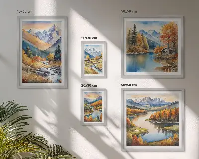 Zestaw obrazów w ramie do galerii ściennej z jesiennym motywem gór rzek i domków