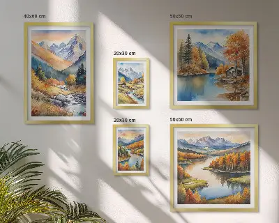 Zestaw obrazów w ramie do galerii ściennej z jesiennym motywem gór rzek i domków