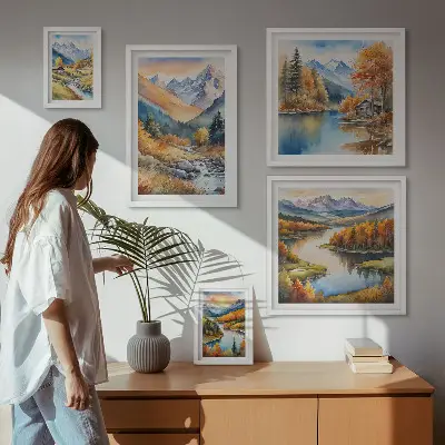 Zestaw obrazów w ramie do galerii ściennej z jesiennym motywem gór rzek i domków