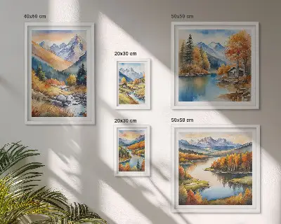 Zestaw obrazów w ramie do galerii ściennej z jesiennym motywem gór rzek i domków