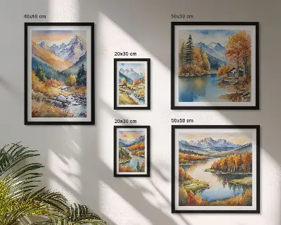 Zestaw obrazów w ramie do galerii ściennej z jesiennym motywem gór rzek i domków