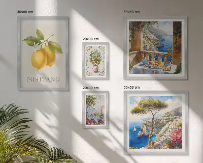 Zestaw obrazów w ramie do galerii ściennej z cytrusowymi akcentami w stylu śródziemnomorskim