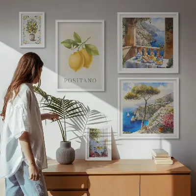 Zestaw obrazów w ramie do galerii ściennej z cytrusowymi akcentami w stylu śródziemnomorskim