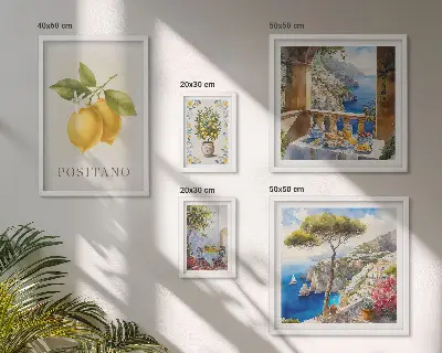 Zestaw obrazów w ramie do galerii ściennej z cytrusowymi akcentami w stylu śródziemnomorskim