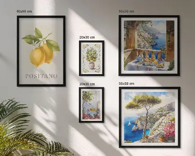 Zestaw obrazów w ramie do galerii ściennej z cytrusowymi akcentami w stylu śródziemnomorskim