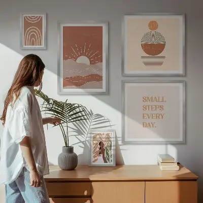 Zestaw obrazów w ramie do galerii ściennej w stylu boho z naturą i pozytywnymi hasłami