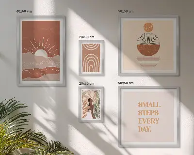 Zestaw obrazów w ramie do galerii ściennej w stylu boho z naturą i pozytywnymi hasłami