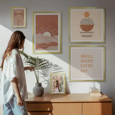 Zestaw obrazów w ramie do galerii ściennej w stylu boho z naturą i pozytywnymi hasłami