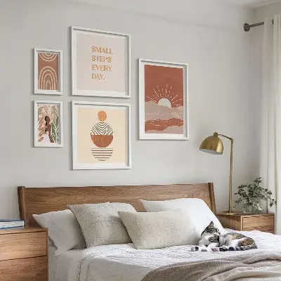 Zestaw obrazów w ramie do galerii ściennej w stylu boho z naturą i pozytywnymi hasłami