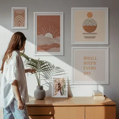 Zestaw obrazów w ramie do galerii ściennej w stylu boho z naturą i pozytywnymi hasłami
