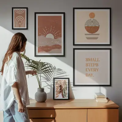 Zestaw obrazów w ramie do galerii ściennej w stylu boho z naturą i pozytywnymi hasłami