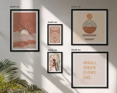 Zestaw obrazów w ramie do galerii ściennej w stylu boho z naturą i pozytywnymi hasłami