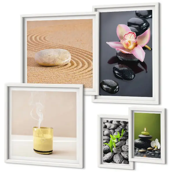 Zestaw obrazów w ramie do galerii ściennej z motywem relaksacji zen z kamieniami i orchideami