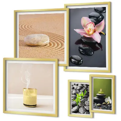Zestaw obrazów w ramie do galerii ściennej z motywem relaksacji zen z kamieniami i orchideami