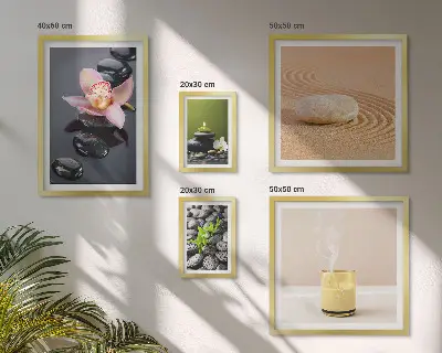 Zestaw obrazów w ramie do galerii ściennej z motywem relaksacji zen z kamieniami i orchideami