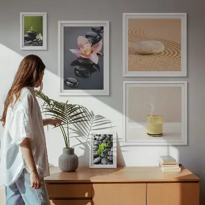 Zestaw obrazów w ramie do galerii ściennej z motywem relaksacji zen z kamieniami i orchideami