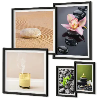 Zestaw obrazów w ramie do galerii ściennej z motywem relaksacji zen z kamieniami i orchideami
