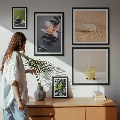 Zestaw obrazów w ramie do galerii ściennej z motywem relaksacji zen z kamieniami i orchideami