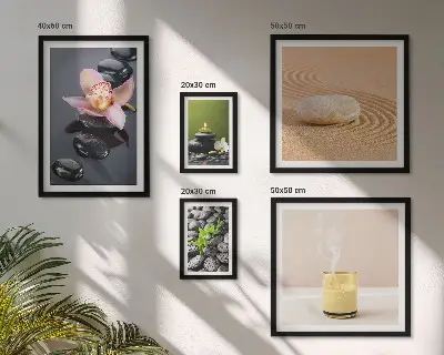 Zestaw obrazów w ramie do galerii ściennej z motywem relaksacji zen z kamieniami i orchideami