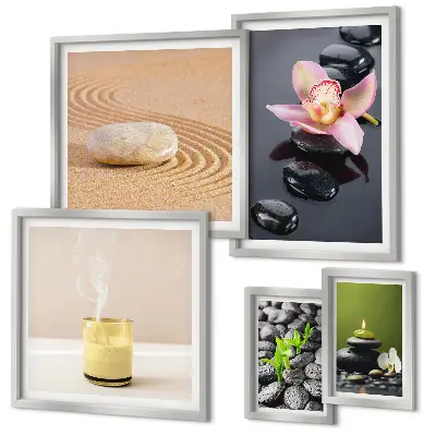 Zestaw obrazów w ramie do galerii ściennej z motywem relaksacji zen z kamieniami i orchideami