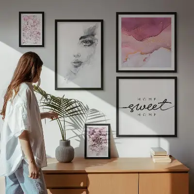 Zestaw obrazów w ramie do galerii ściennej z kobiecymi portretami w pastelowych kwiatach