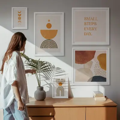 Zestaw obrazów w ramie do galerii ściennej stylowe grafiki w odcieniach ziemi