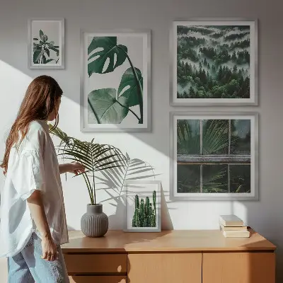 Zestaw obrazów w ramie do galerii ściennej z motywem roślinnych inspiracji tropików