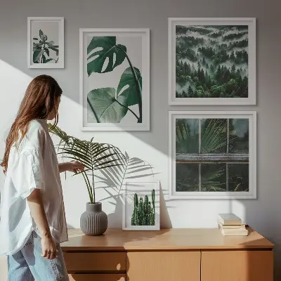 Zestaw obrazów w ramie do galerii ściennej z motywem roślinnych inspiracji tropików