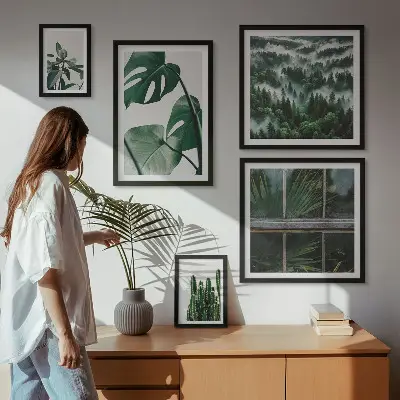 Zestaw obrazów w ramie do galerii ściennej z motywem roślinnych inspiracji tropików