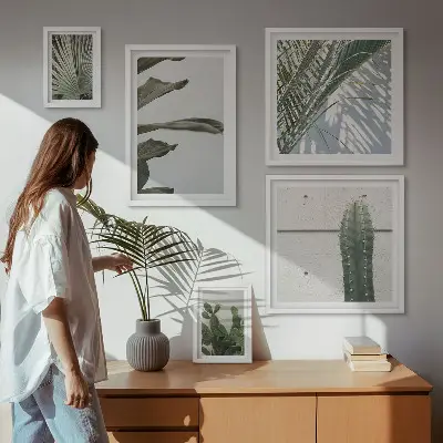 Galeria obrazów na ścianę z nowoczesnymi roślinnymi akcentami