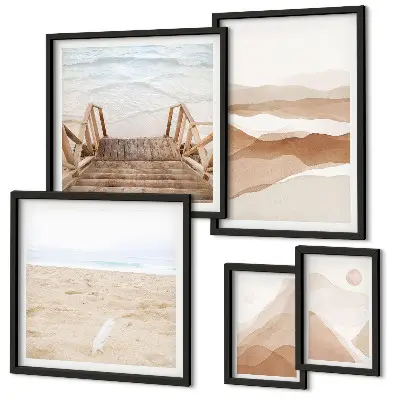 Zestaw obrazów w ramie do galerii ściennej z motywem minimalistycznych plaż i gór