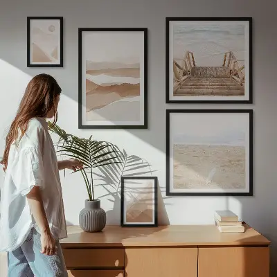 Zestaw obrazów w ramie do galerii ściennej z motywem minimalistycznych plaż i gór