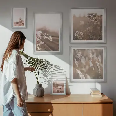 Zestaw 5 obrazów w ramie z delikatnymi motywami kwiatowymi inspirowanymi naturą