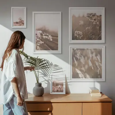 Zestaw 5 obrazów w ramie z delikatnymi motywami kwiatowymi inspirowanymi naturą