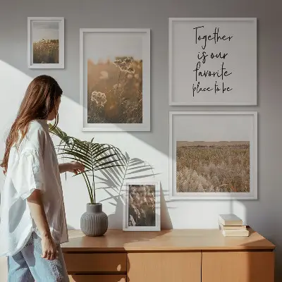 Galeria obrazów na ścianę z motywem naturalnych pejzaży, kwiatów i sentencji