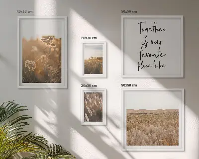 Galeria obrazów na ścianę z motywem naturalnych pejzaży, kwiatów i sentencji