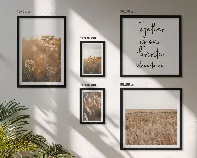 Galeria obrazów na ścianę z motywem naturalnych pejzaży, kwiatów i sentencji
