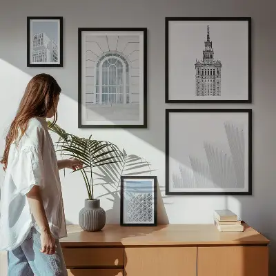 Zestaw obrazów ściennych nowoczesna grafika z motywem minimalizmu w architekturze