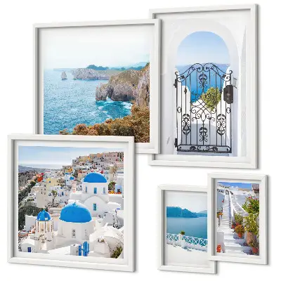 Zestaw obrazów w ramie do galerii ściennej Santorini błękitne morze domy