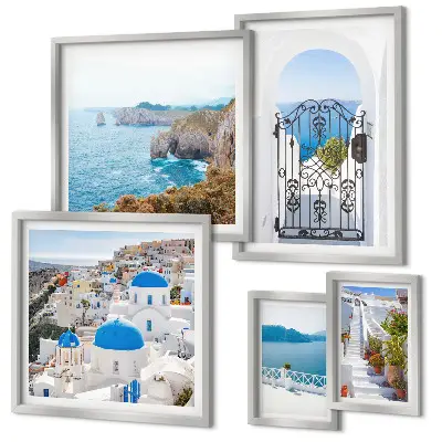 Zestaw obrazów w ramie do galerii ściennej z motywem błękitnego morza i domków na Santorini