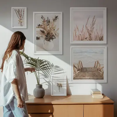 Dekoracja ścienna zestaw obrazów Stylowe suszone rośliny i woda