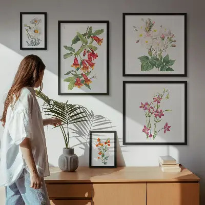 Zestaw obrazów w ramie do galerii ściennej z kwiatowymi motywami botanicznymi