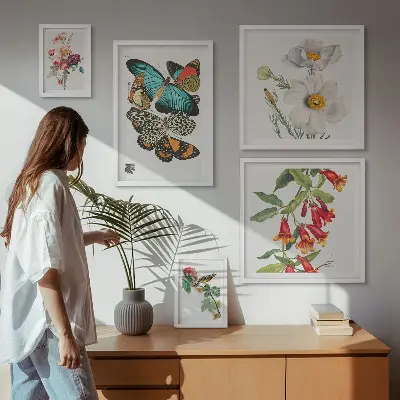 Zestaw 5 obrazów w ramie z motywem kwiatów, motyli i ptaków w stylu vintage